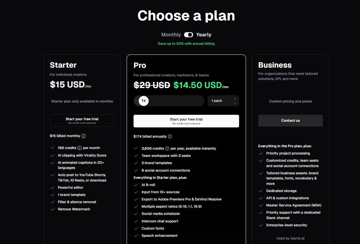 Opus Clip pricing plans 