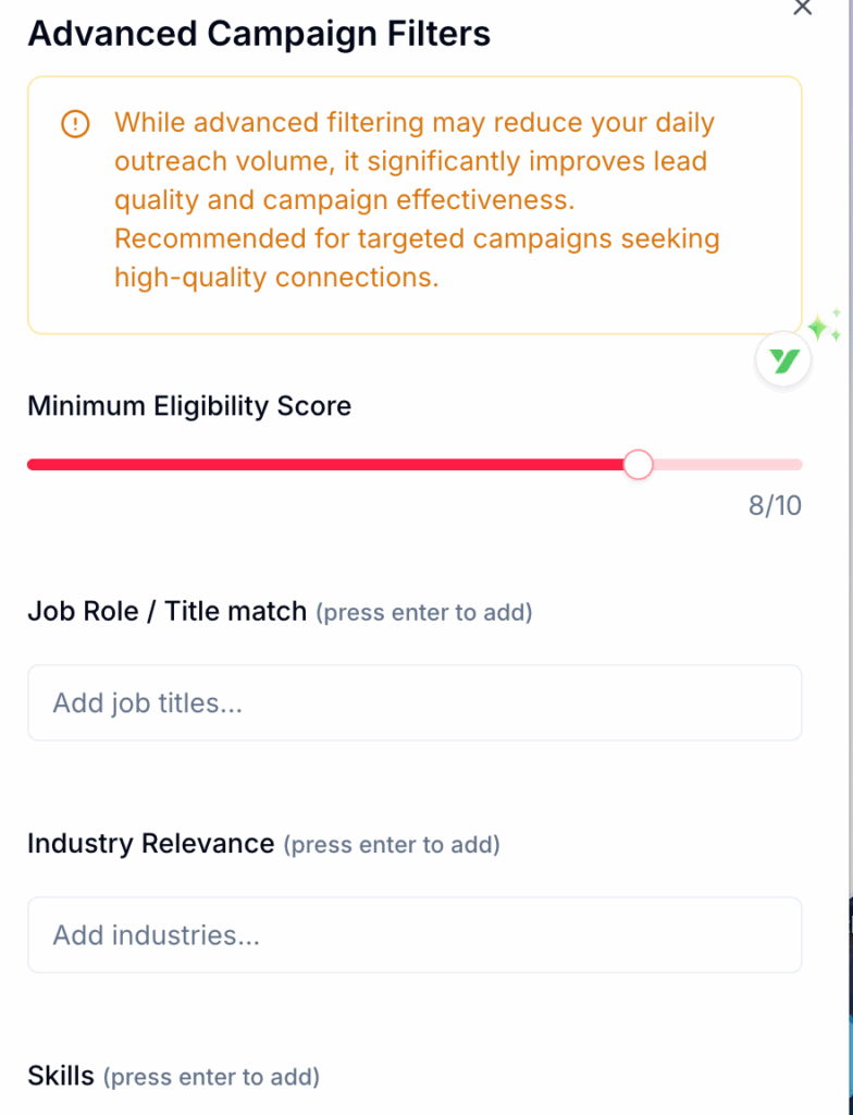 Gro LinkedIn automation advanced filtering settings showing minimum eligibility score slider and job title matching options
