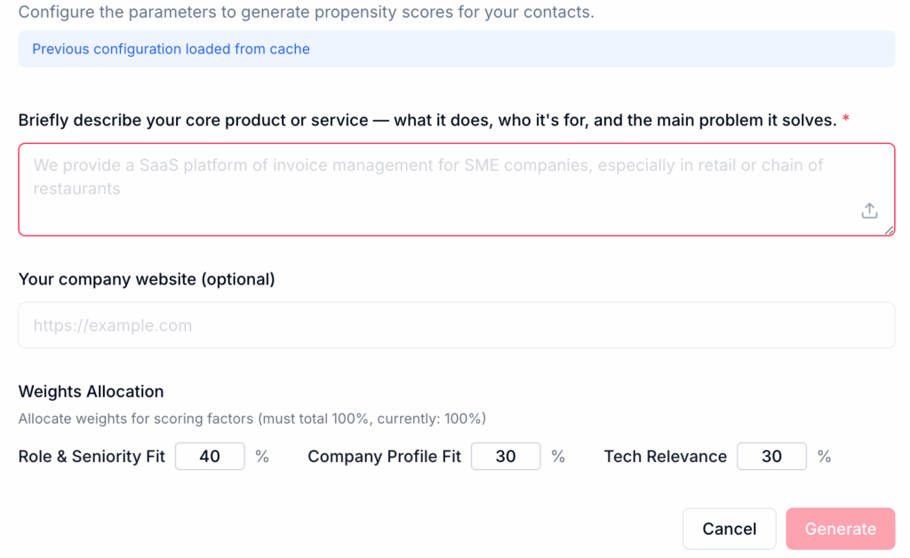 Gro AI sales assistant interface for configuring lead propensity scoring and AI sales automation parameters