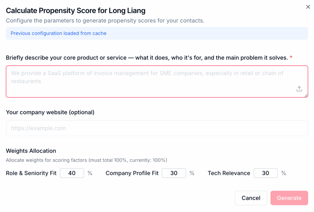 Gro AI sales agent interface showing the setup screen for calculating a propensity score, including product description, company website, and weighting fields.