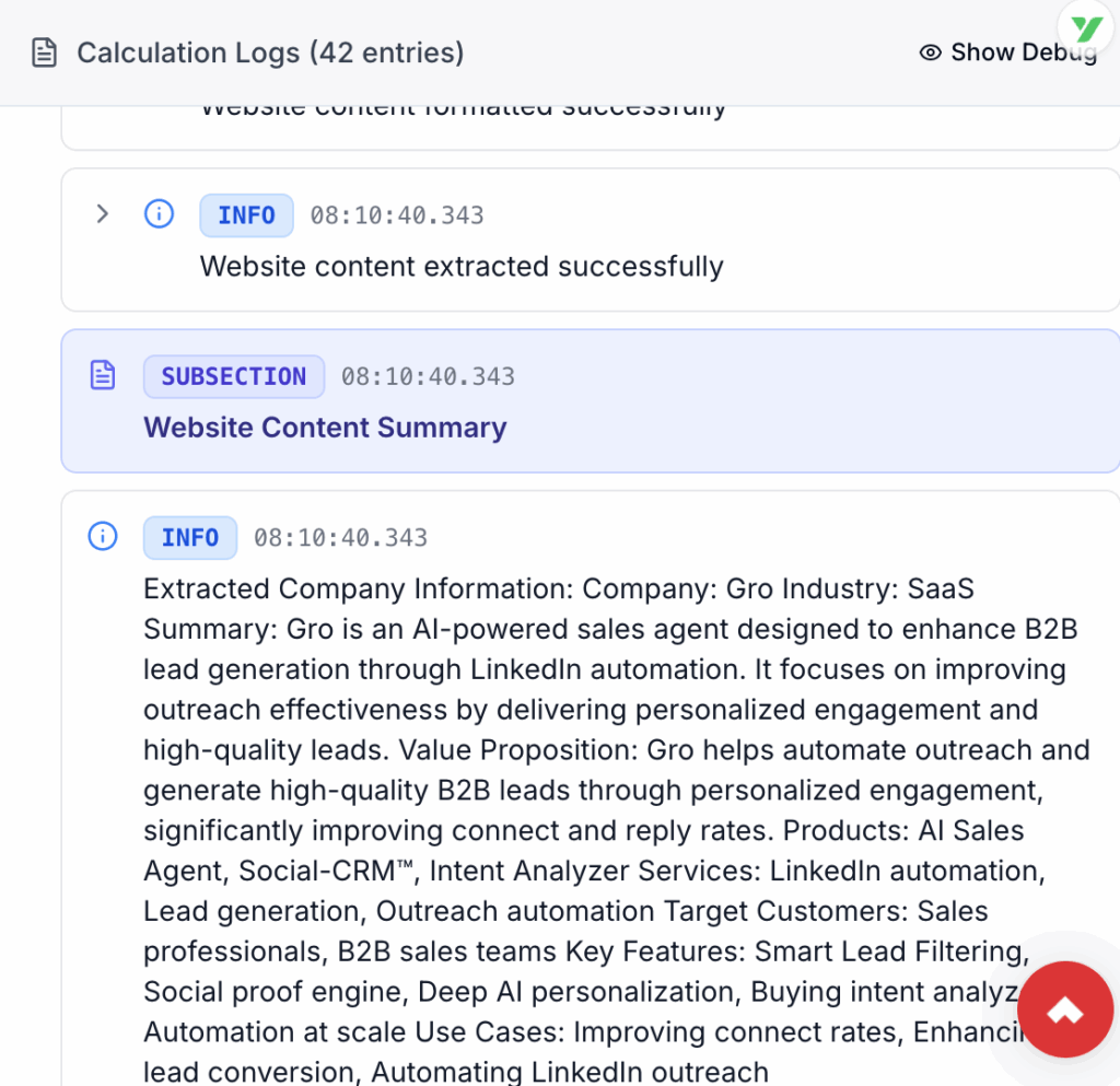 Gro propensity score calculation log displaying extracted company information and website content summary for AI sales agent and lead generation analysis.