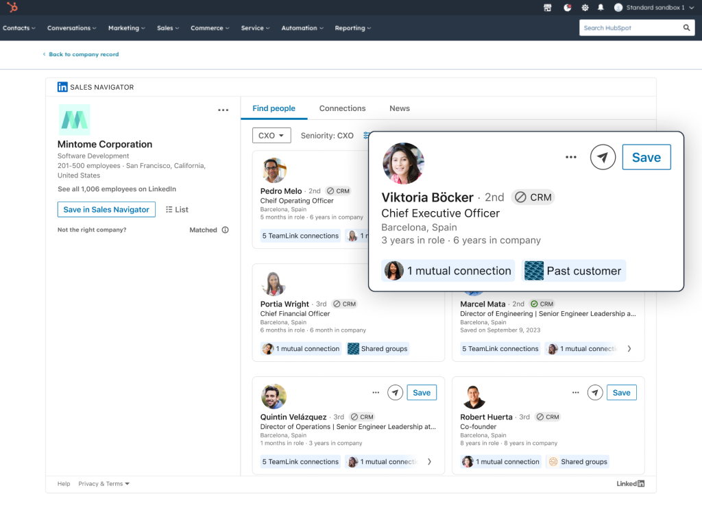 HubSpot and LinkedIn Sales Navigator integration showing synced CRM contact profiles for LinkedIn automation tool workflow