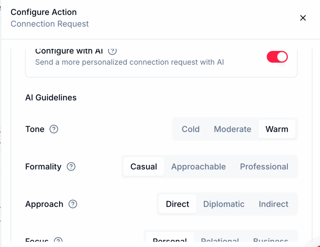 Gro LinkedIn automation AI configuration screen showing tone, formality and approach settings for personalized messaging