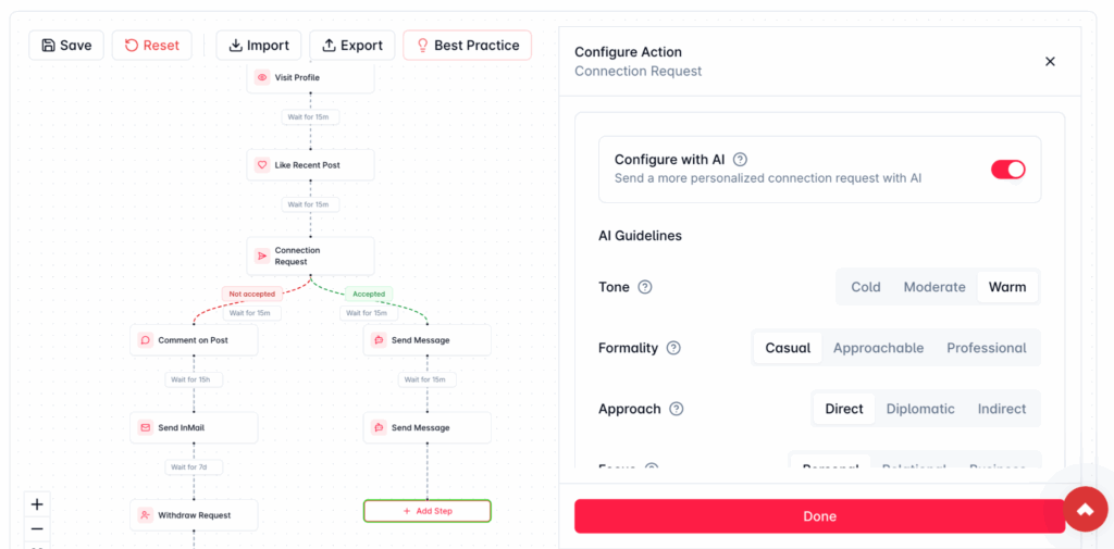 Gro AI workflow builder for LinkedIn automation displaying a connection request sequence with AI configuration options for tone, formality, and approach settings.